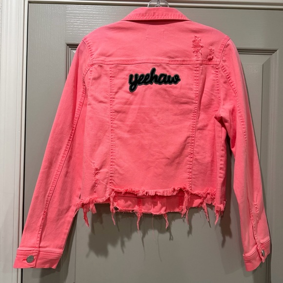 Risen Medium Neon Coral Pink Raw Distressed Hem Denim Gemma Jacket Yeehaw C - Picture 3 of 7